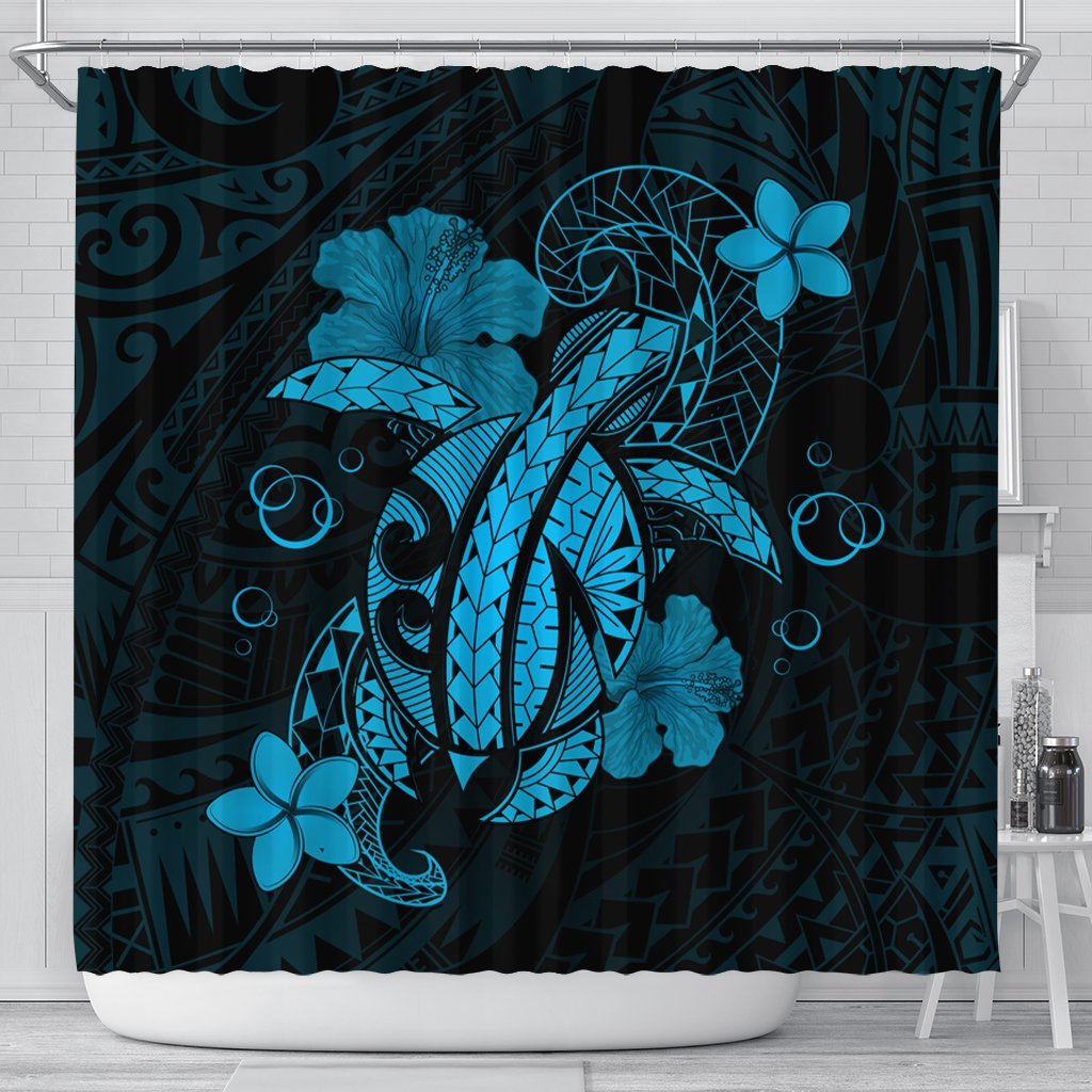 Hawaii Turtle Flower Polynesian Shower Curtain - Turquoise - AH 177 x 172 (cm) Black - Polynesian Pride