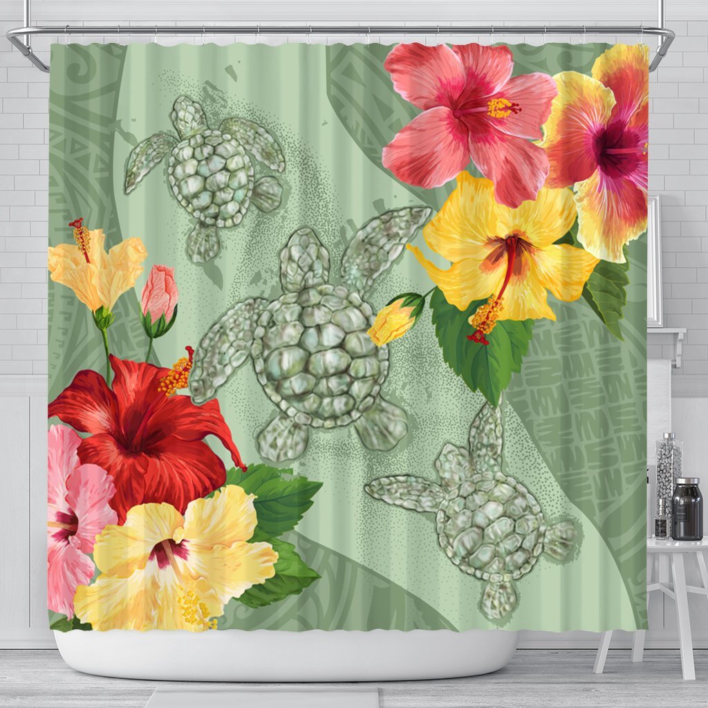 Hawaii Turtle Hibiscus Shower Curtain - Tink Style - AH 177 x 172 (cm) Black - Polynesian Pride