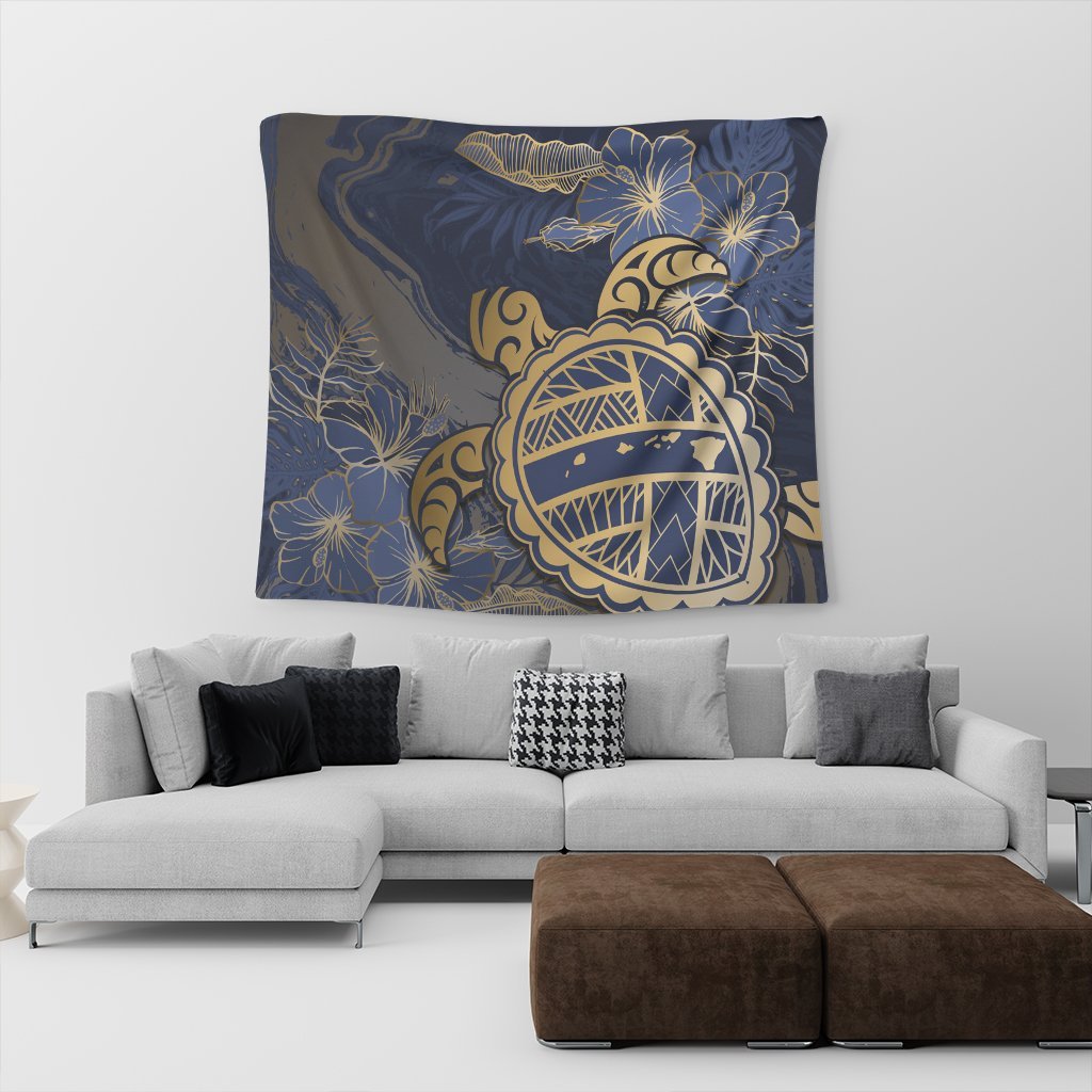Hawaii Turtle Hibiscus Gold Tapestry - Kyn Style - AH Black - Polynesian Pride