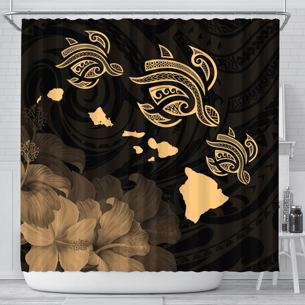 Hawaii Turtle Hibiscus Map Polynesian Shower Curtain Gold - AH 177 x 172 (cm) Black - Polynesian Pride