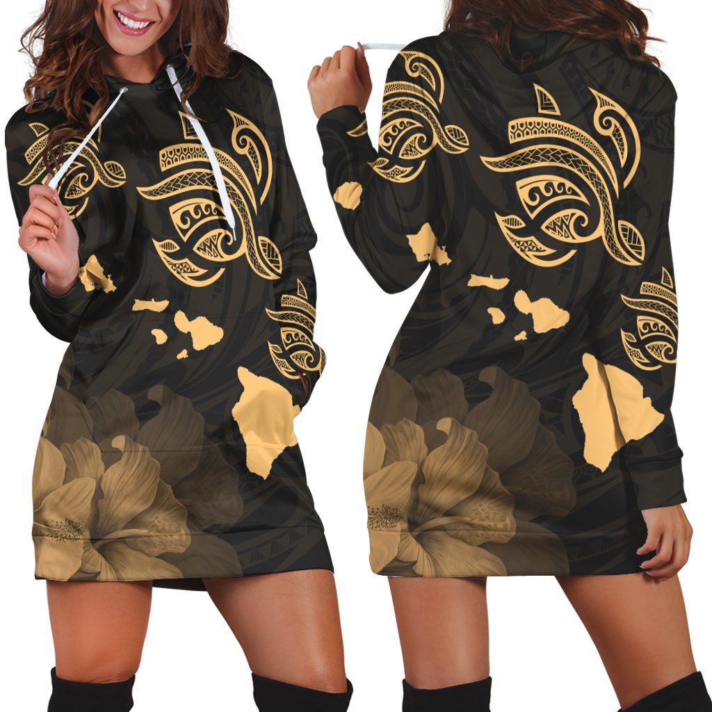 Hawaii Turtle Hibiscus Map Polynesian Hoodie Dress Gold - AH Black - Polynesian Pride