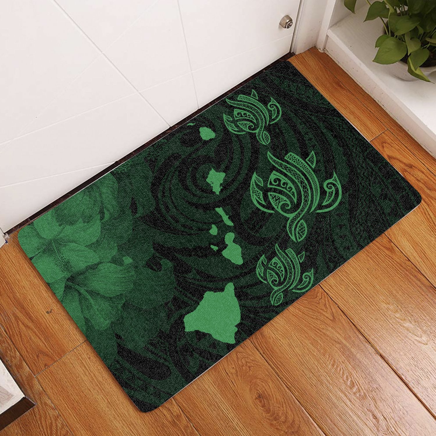 Hawaii Turtle Hibiscus Map Polynesian Green AH Door Mat Green - Polynesian Pride