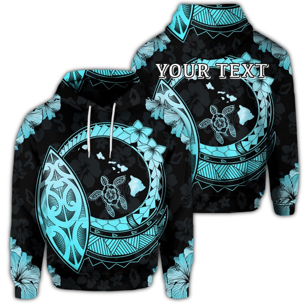 Custom Hawaii Turtle Hibiscus Map Polynesian Hoodie Turquoise Unisex Art - Polynesian Pride