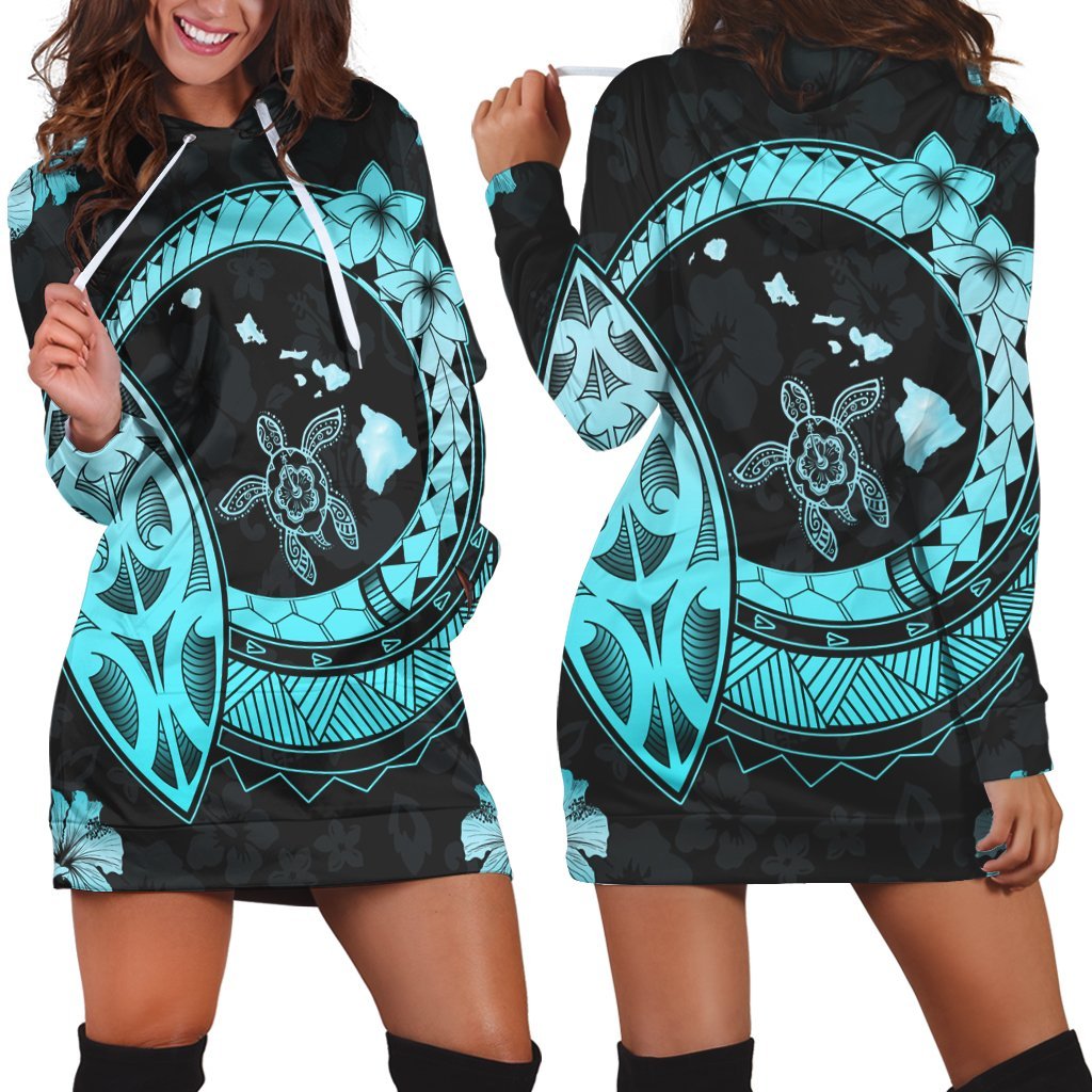 Hawaii Turtle Hibiscus Map Polynesian Hoodie Dress Turquoise - AH Black - Polynesian Pride