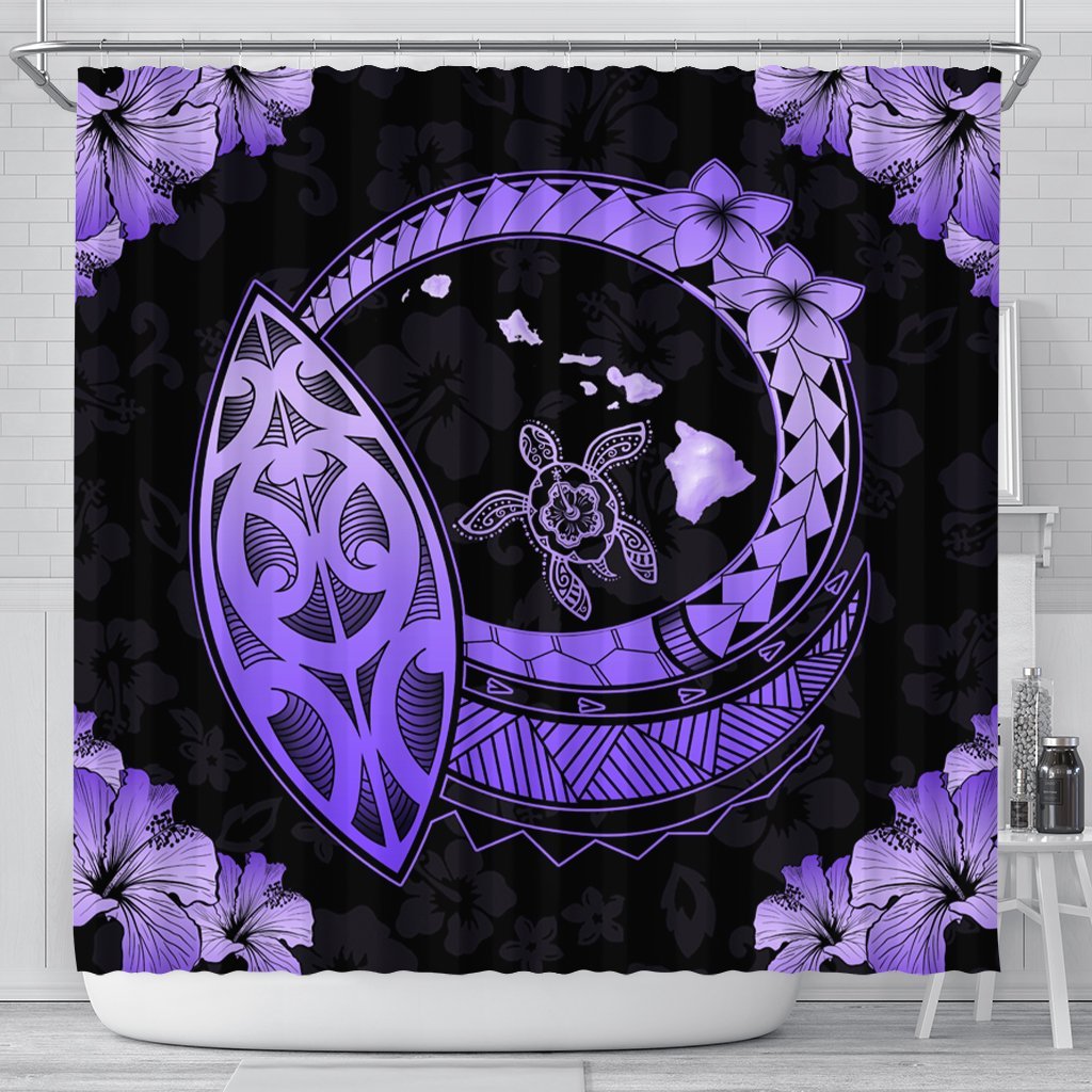 Hawaii Turtle Hibiscus Map Polynesian Shower Curtain Violet - AH 177 x 172 (cm) Black - Polynesian Pride