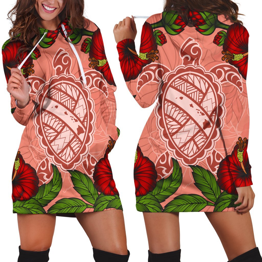 Hawaii Turtle Hibiscus Pink Hoodie Dress - Fide Style - AH Black - Polynesian Pride