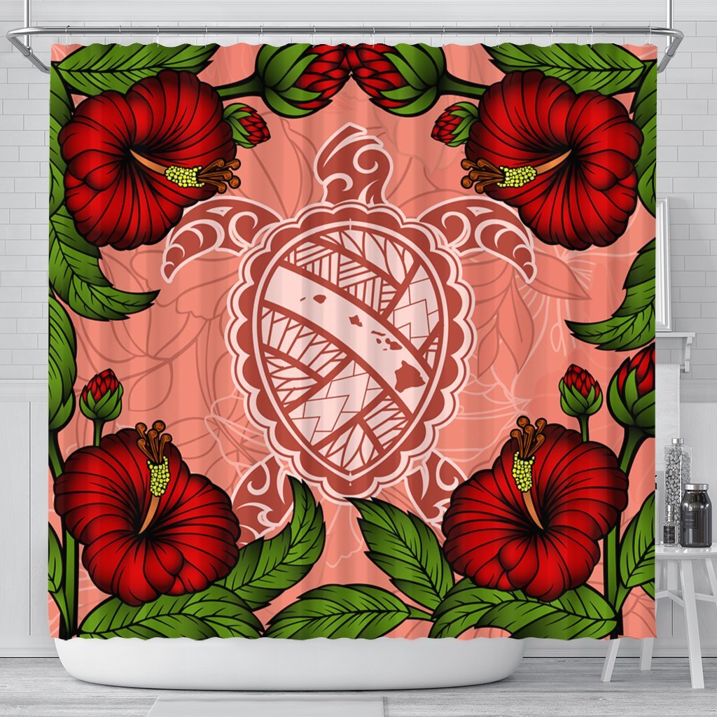 Hawaii Turtle Hibiscus Pink Shower Curtain - Fide Style - AH 177 x 172 (cm) Black - Polynesian Pride