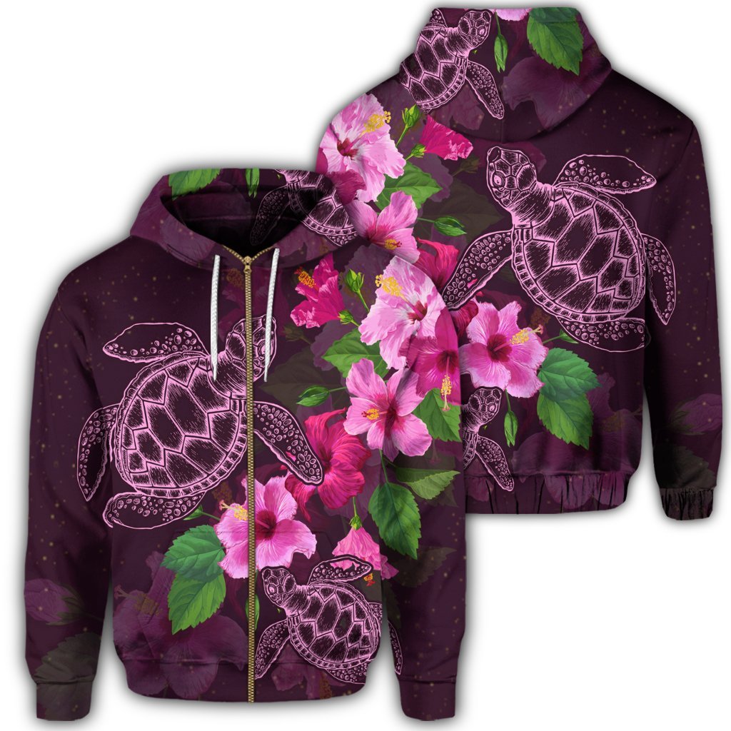 Hawaii Turtle Hibiscus Pink Simple Zip Hoodie Unisex Art - Polynesian Pride