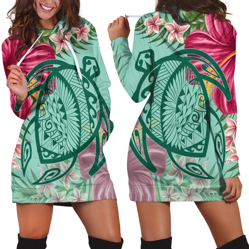 Hawaii Turtle Hibiscus Plumeria Hoodie Dress - Hug Style - AH Black - Polynesian Pride