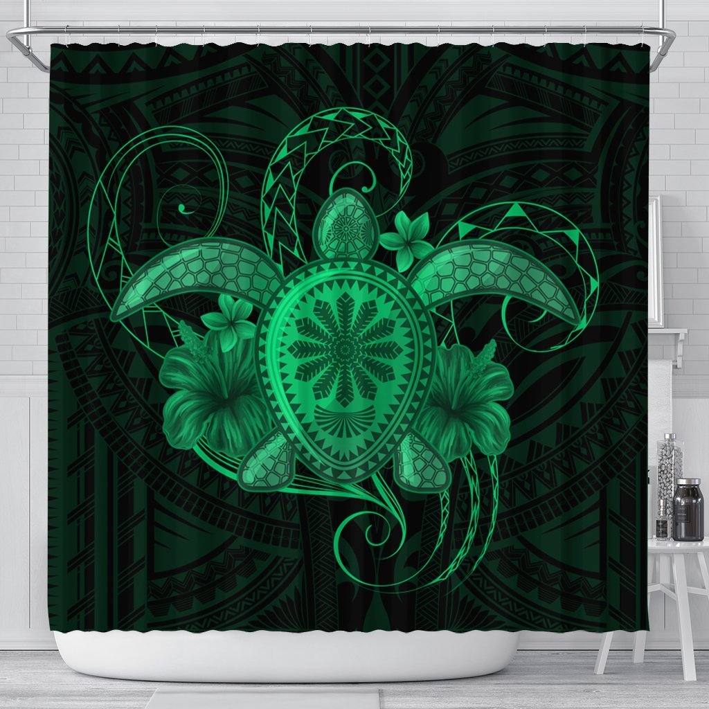 Hawaii Turtle Hibiscus Polynesian Shower Curtain - Full Style - Green - AH 177 x 172 (cm) Black - Polynesian Pride