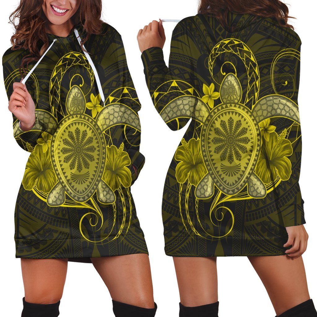 Hawaii Turtle Hibiscus Polynesian Hoodie Dress - Full Style - Yellow - AH Black - Polynesian Pride