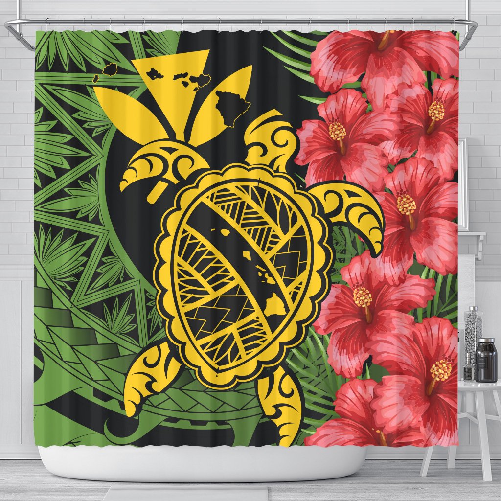 Hawaii Turtle Hibiscus Polynesian Shower Curtain - Aphos Style 177 x 172 (cm) Green - Polynesian Pride