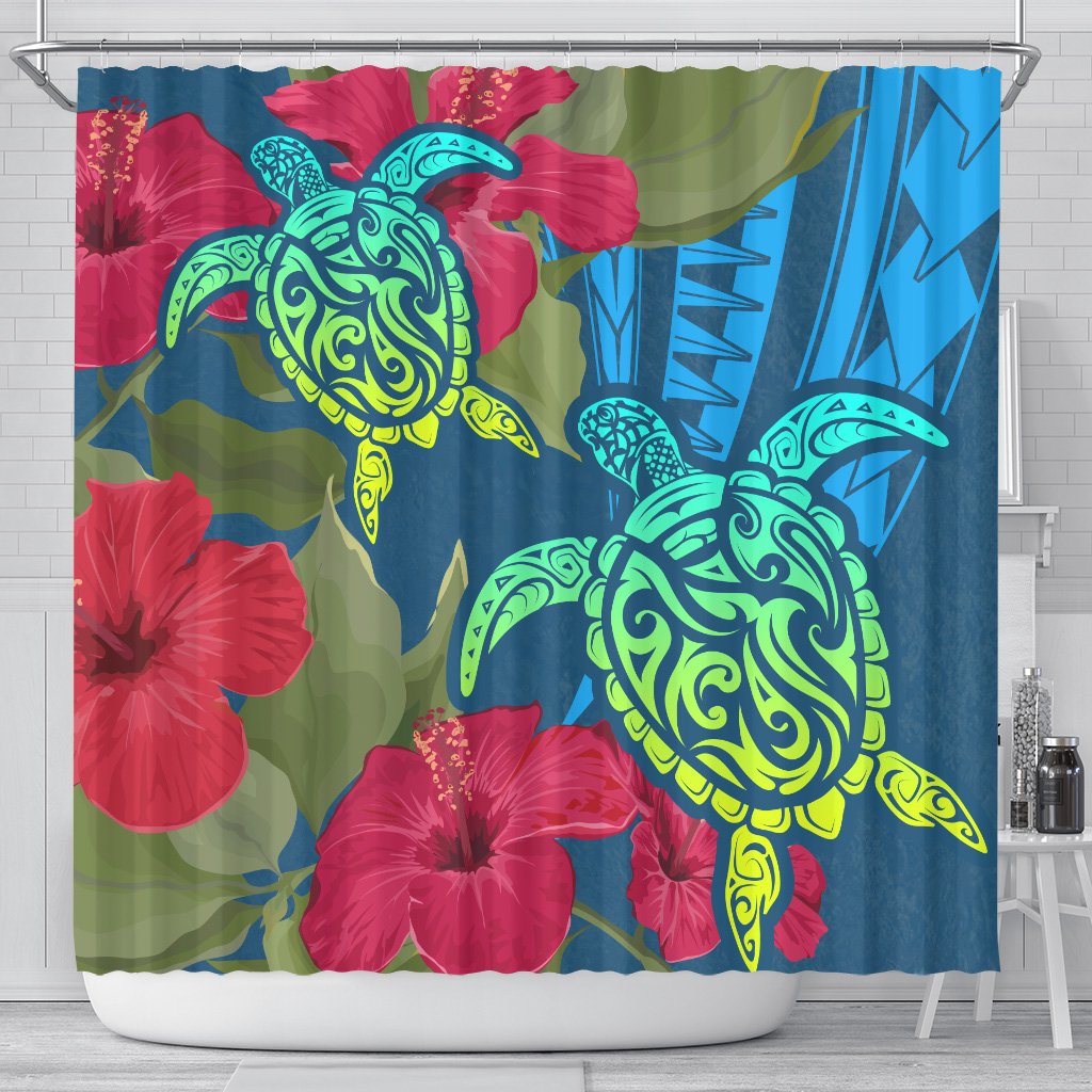 Hawaii Turtle Hibiscus Polynesian Shower Curtain - Bana Style 177 x 172 (cm) Blue - Polynesian Pride