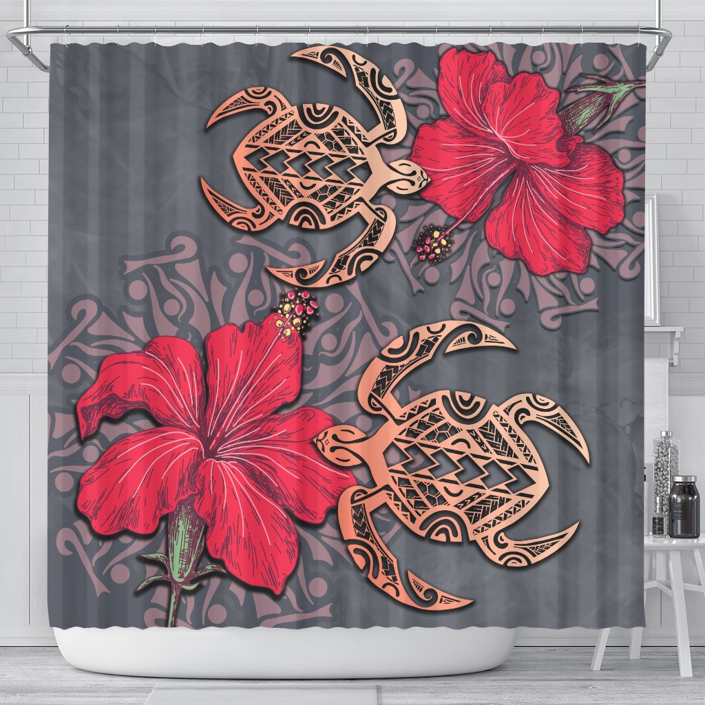 Hawaii Turtle Hibiscus Polynesian Shower Curtain - Khoi Style - AH 177 x 172 (cm) Gray - Polynesian Pride