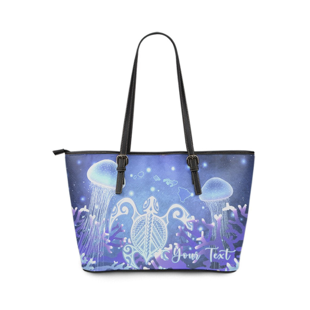 Personalized - Hawaii Turtle Jellyfish Coral Galaxy Large Leather Tote Galaxy - Polynesian Pride