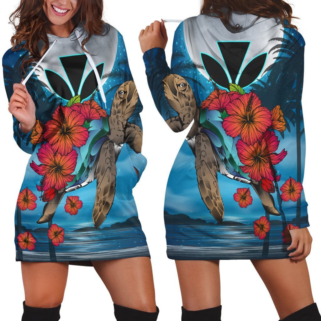 Hawaii Turtle Kanaka Hibiscus Stary Night Hoodie Dress - AH Black - Polynesian Pride