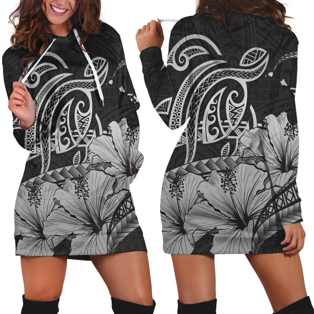 Hawaii Turtle Map Polynesian Hoodie Dress Safety Gray - AH Black - Polynesian Pride