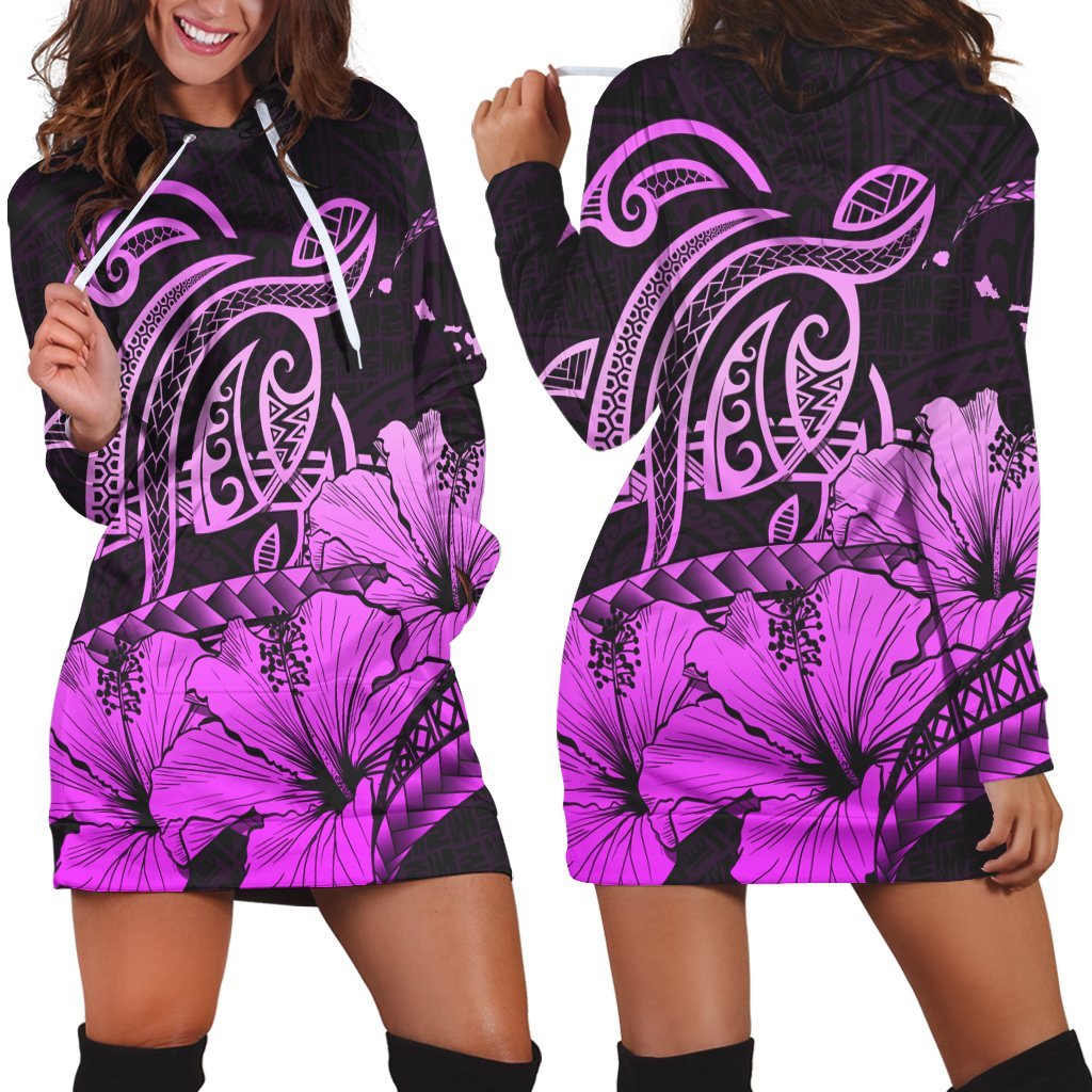 Hawaii Turtle Map Polynesian Hoodie Dress Safety Pink - AH Black - Polynesian Pride