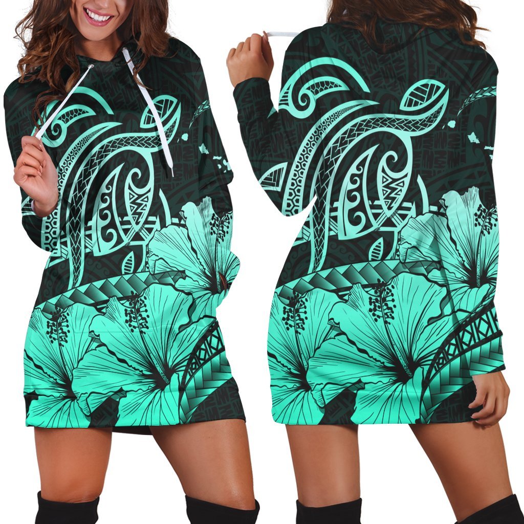 Hawaii Turtle Map Polynesian Hoodie Dress Safety Turquoise - AH Black - Polynesian Pride