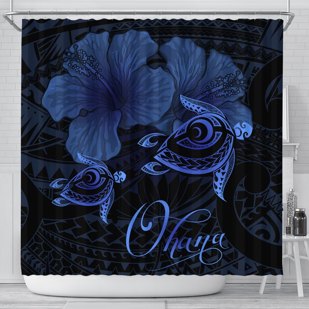 Hawaii Turtle Ohana Hibiscus Poly Shower Curtain - Blue - AH 177 x 172 (cm) Black - Polynesian Pride