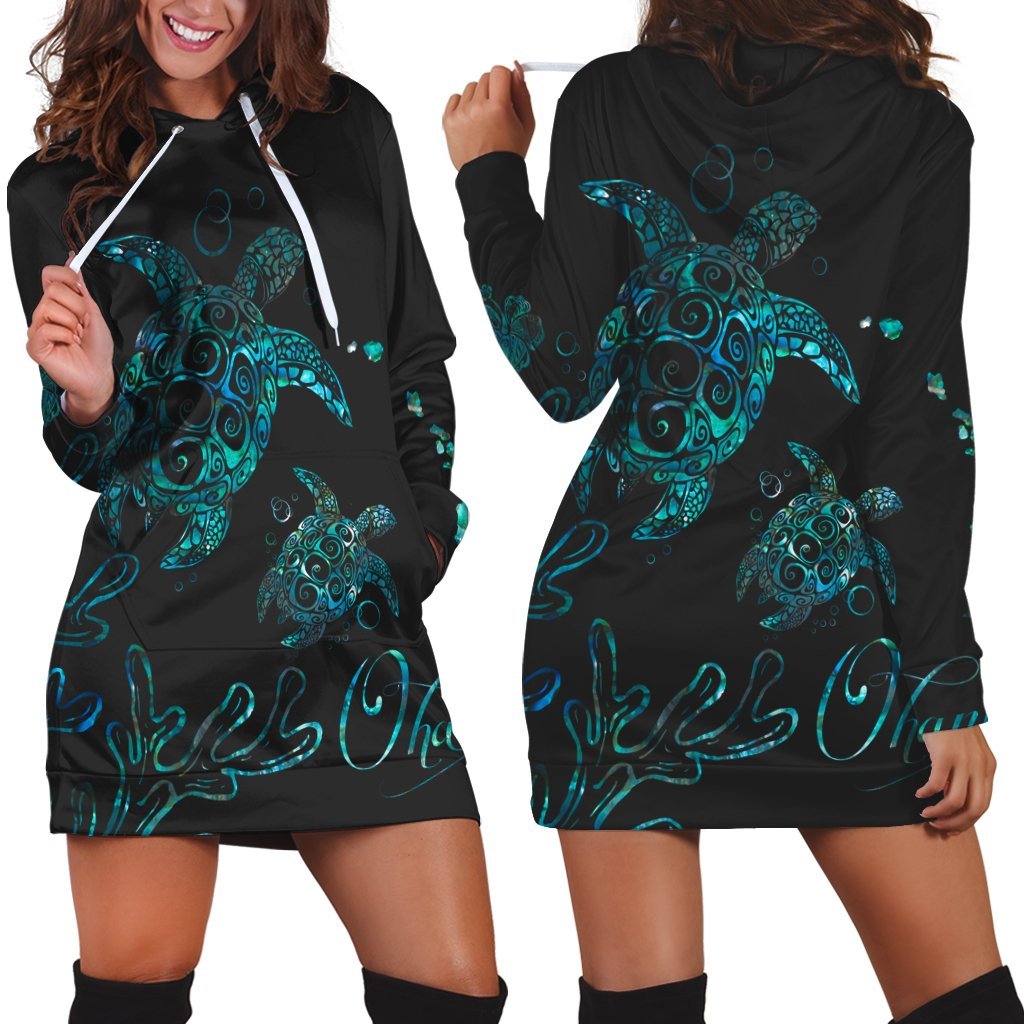 Hawaii Turtle Ohana Paua Shell Hoodie Dress - AH Black - Polynesian Pride