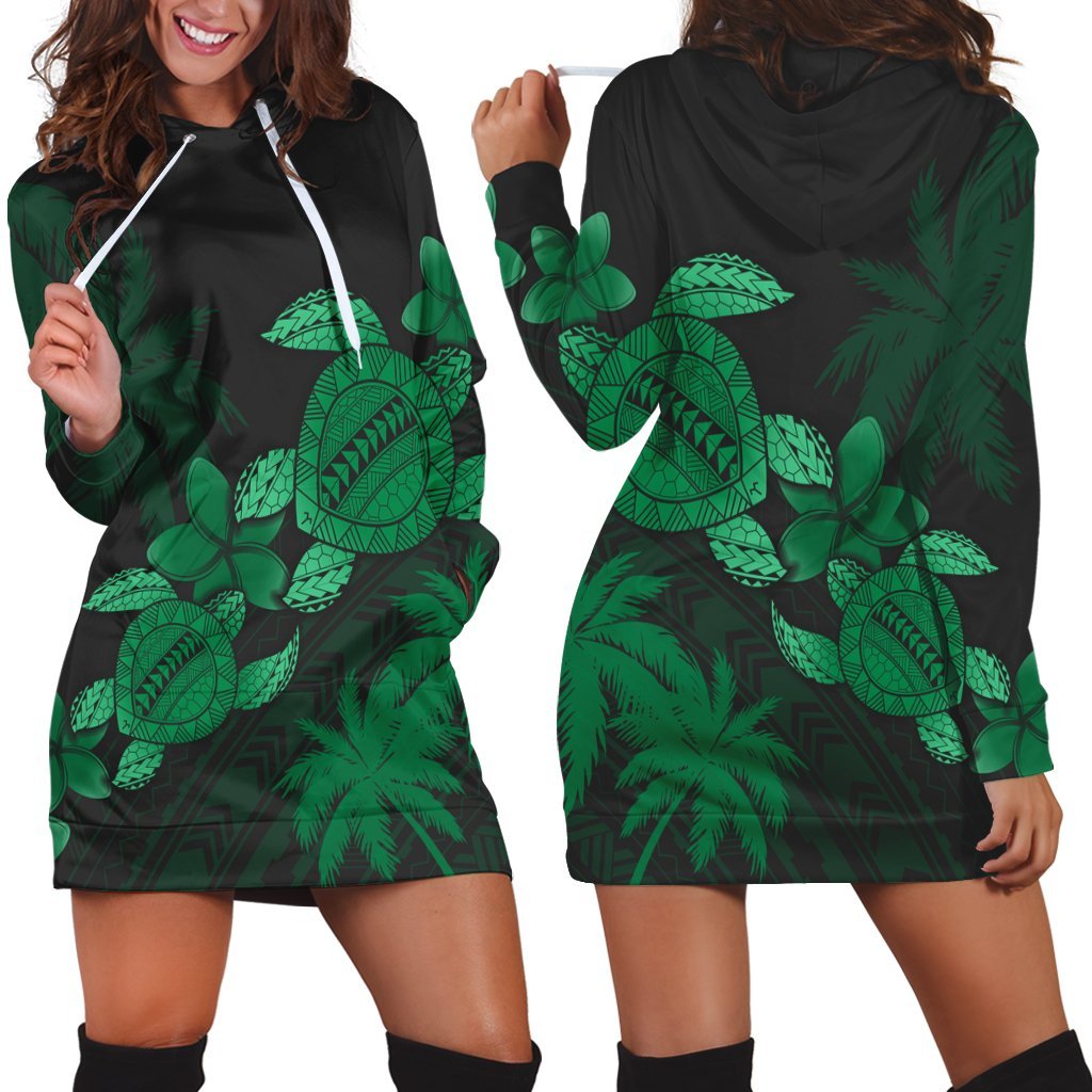 Hawaii Turtle Plumeria Coconut Tree Polynesian Hoodie Dress - Green - AH Black - Polynesian Pride