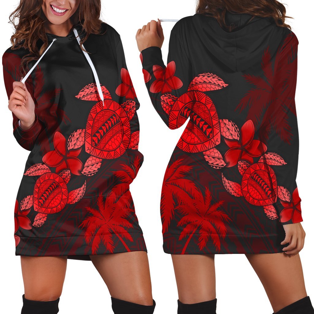 Hawaii Turtle Plumeria Coconut Tree Polynesian Hoodie Dress - Red - AH Black - Polynesian Pride