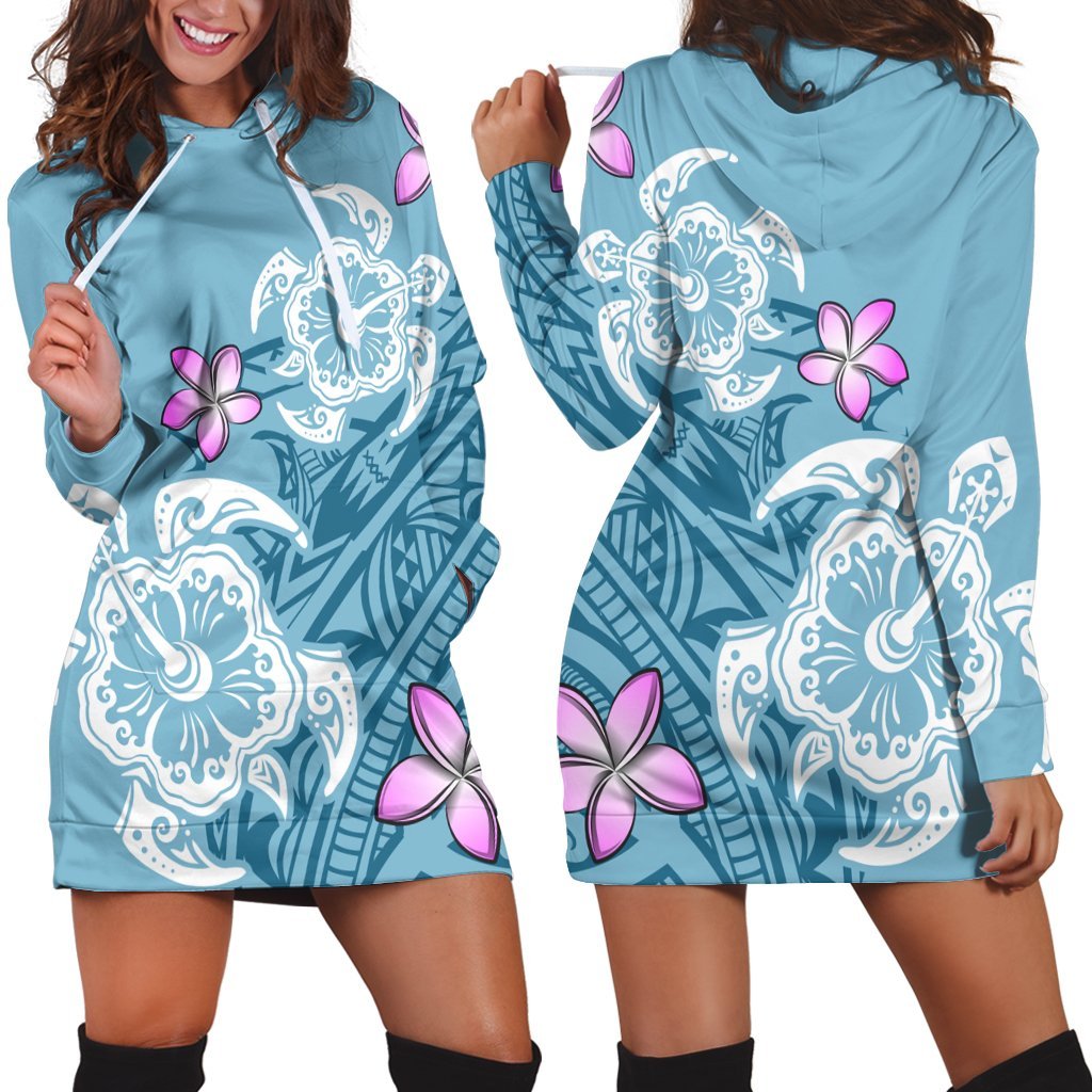 Hawaii Turtle Plumeria Polynesian Simple Hoodie Dress - AH Black - Polynesian Pride