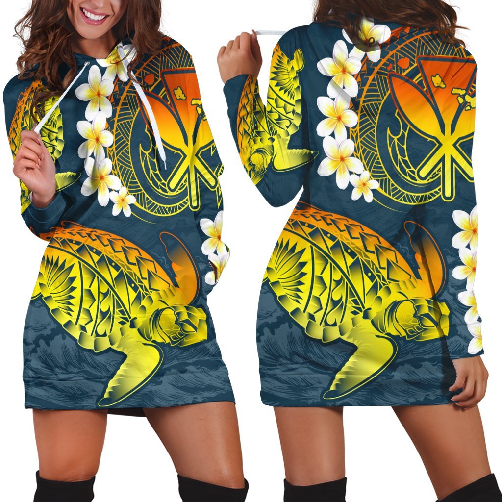 Hawaii Turtle Plumerian Polynesian Hoodie Dress - Sease Style - ver 2 - AH Black - Polynesian Pride