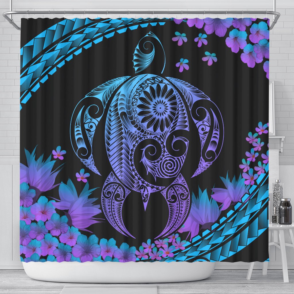 Hawaii Turtle Polynesian Hibiscus Shower Curtain - Boot Style 177 x 172 (cm) Blue - Polynesian Pride