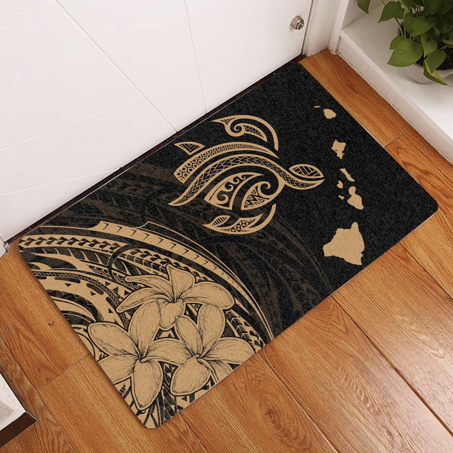 Hawaii Turtle Polynesian Map Plumeria Door Mat Gold AH Door Mat Gold - Polynesian Pride