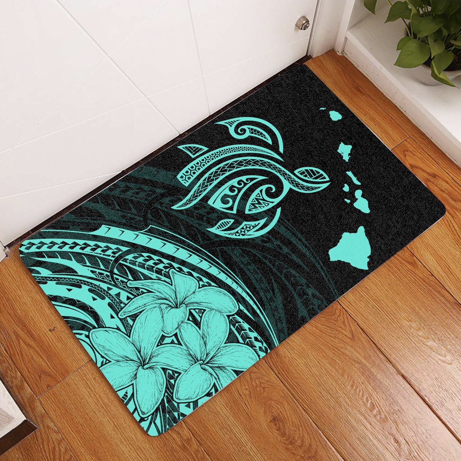 Hawaii Turtle Polynesian Map Plumeria Door Mat Turquoise AH Door Mat Turquoise - Polynesian Pride