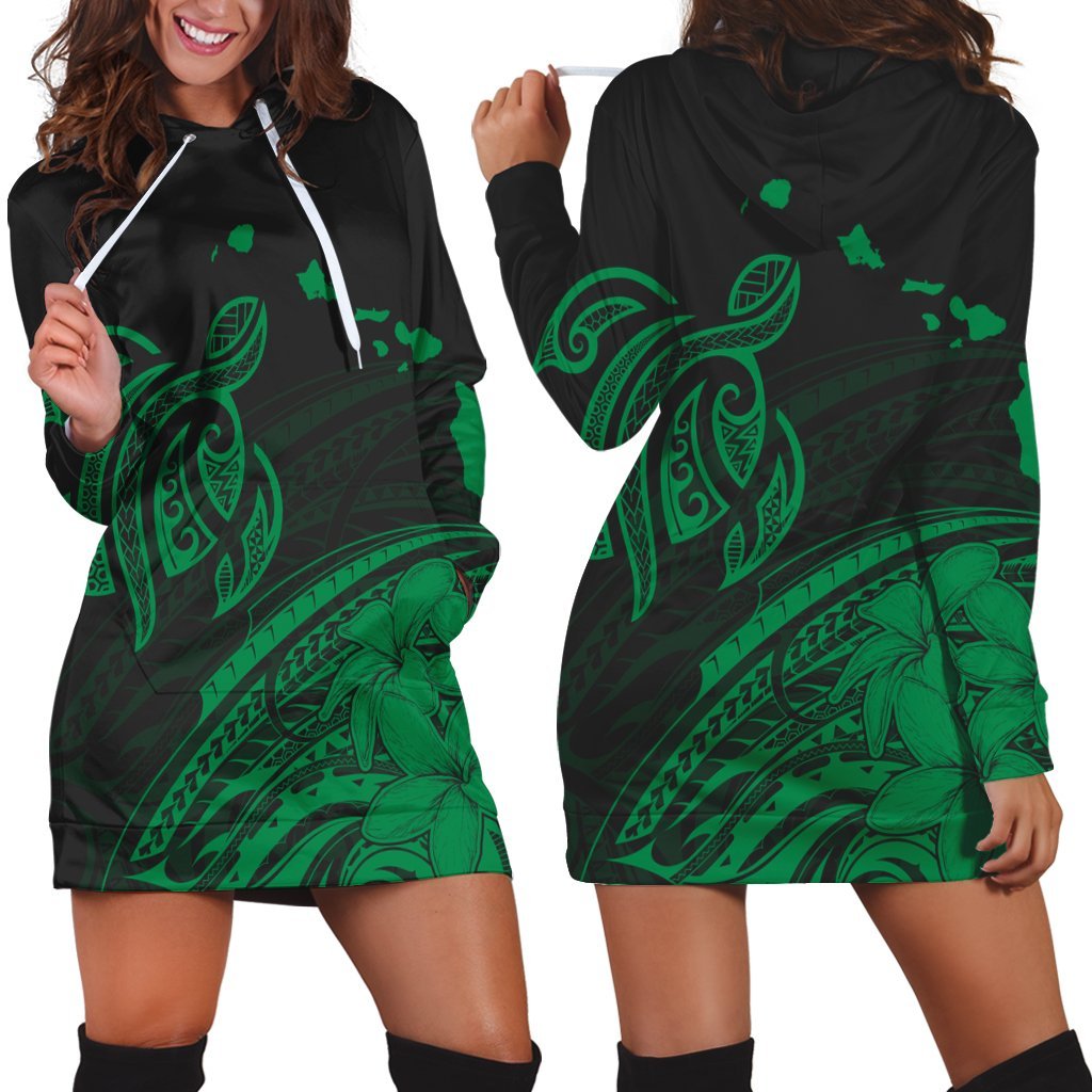 Hawaii Turtle Polynesian Map Plumeria Hoodie Dress Green - AH Black - Polynesian Pride