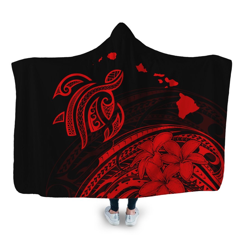 Hawaii Turtle Polynesian Map Plumeria Hooded Blanket Red - AH Hooded Blanket White - Polynesian Pride