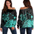 Hawaii Turtle Polynesian Map Plumeria Women's Off Shoulder Sweater Turquoise - AH Black - Polynesian Pride