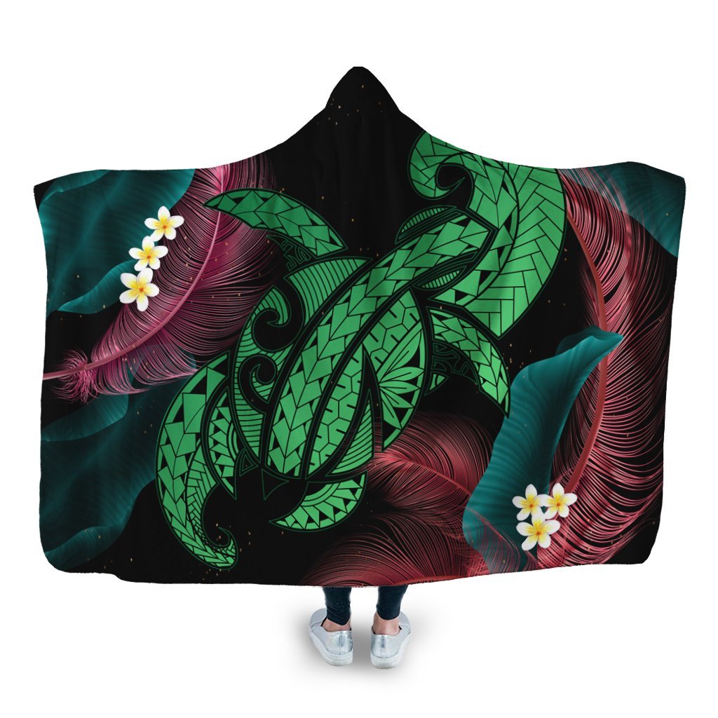 Hawaii Turtle Polynesian Tropical Hooded Blanket - Ghia Style Green - AH Hooded Blanket White - Polynesian Pride