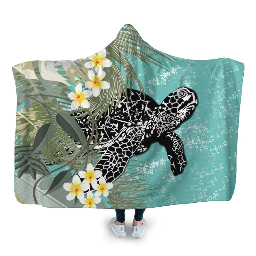 Hawaii Turtle Sea Plumeria Hooded Blanket - AH Hooded Blanket White - Polynesian Pride