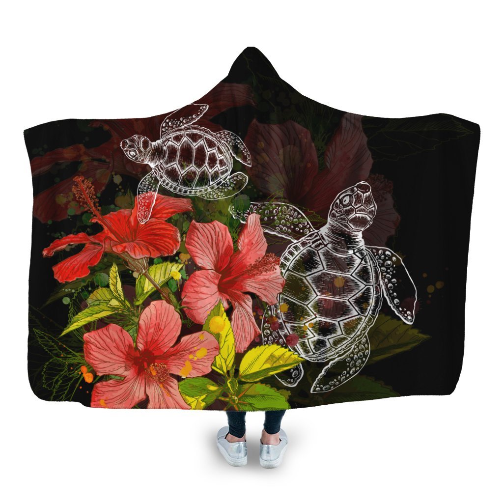 Hawaii Turtle Tree Hibiscus Hooded Blanket - AH Hooded Blanket White - Polynesian Pride