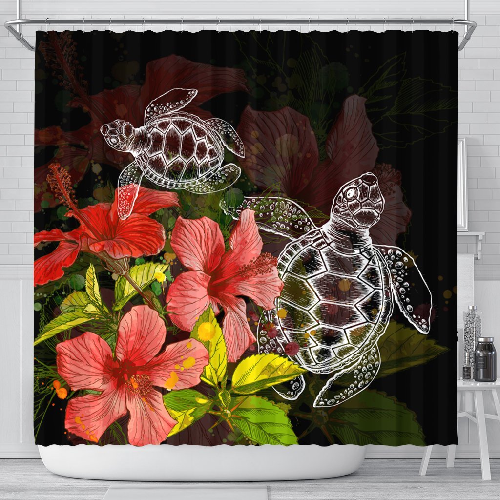 Hawaii Turtle Tree Hibiscus Shower Curtain - AH 177 x 172 (cm) Black - Polynesian Pride