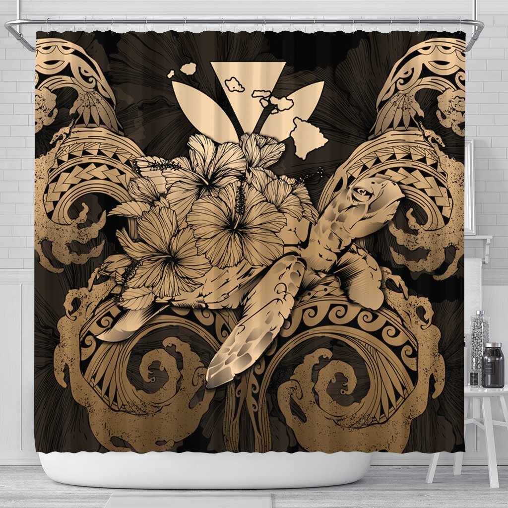 Hawaii Turtle Wave Polynesian Shower Curtain - Hey Style Gold - AH 177 x 172 (cm) Black - Polynesian Pride