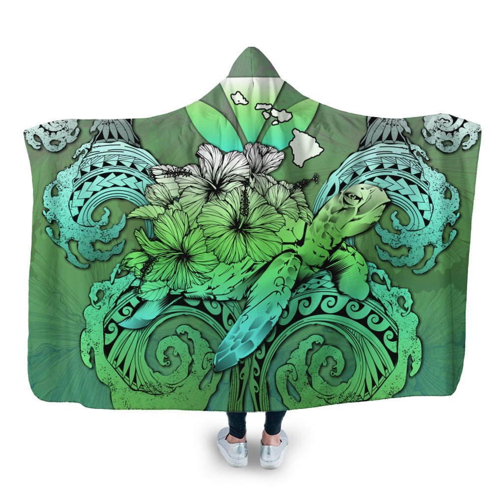 Hawaii Turtle Wave Polynesian Hooded Blanket - Hey Style Green - AH Hooded Blanket White - Polynesian Pride