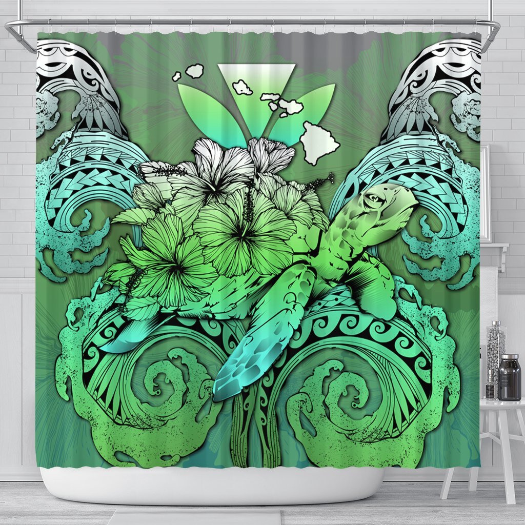 Hawaii Turtle Wave Polynesian Shower Curtain - Hey Style Green - AH 177 x 172 (cm) Black - Polynesian Pride