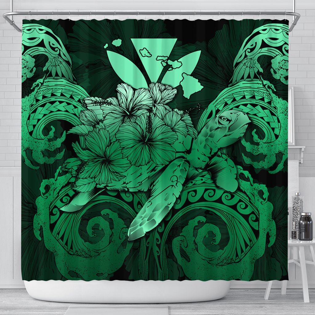Hawaii Turtle Wave Polynesian Shower Curtain - Hey Style Green Pastel - AH 177 x 172 (cm) Black - Polynesian Pride