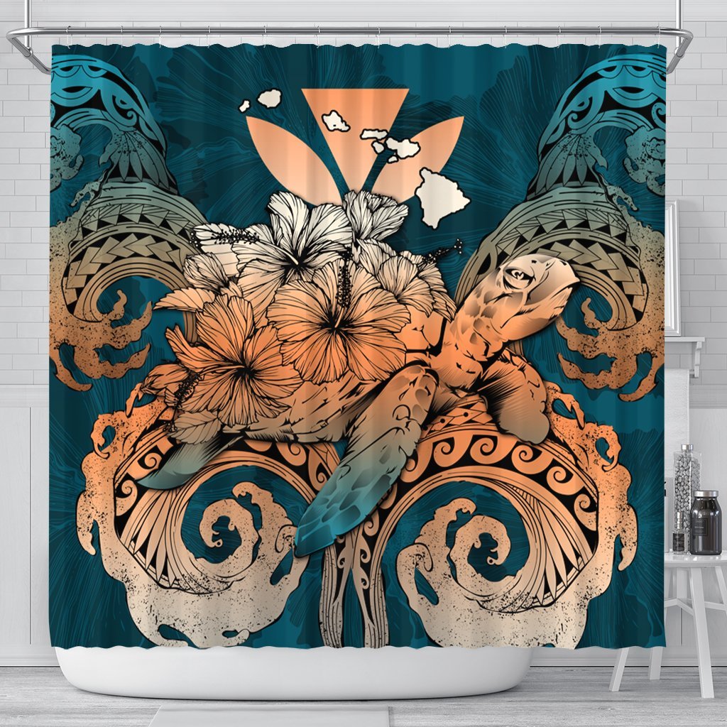 Hawaii Turtle Wave Polynesian Shower Curtain - Hey Style Orange - AH 177 x 172 (cm) Black - Polynesian Pride
