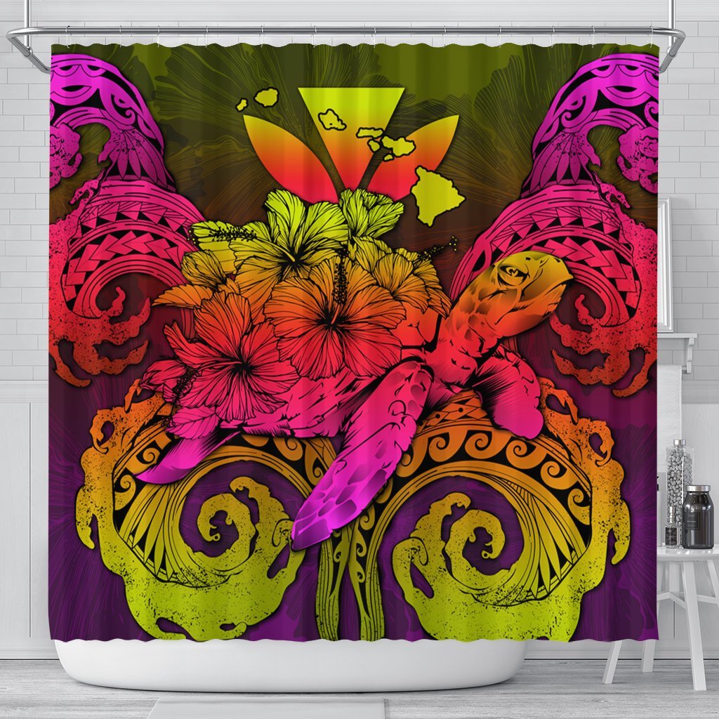 Hawaii Turtle Wave Polynesian Shower Curtain - Hey Style Pinky - AH 177 x 172 (cm) Black - Polynesian Pride