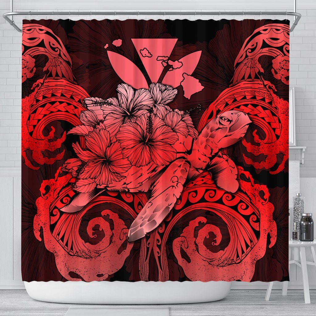 Hawaii Turtle Wave Polynesian Shower Curtain - Hey Style Red - AH 177 x 172 (cm) Black - Polynesian Pride