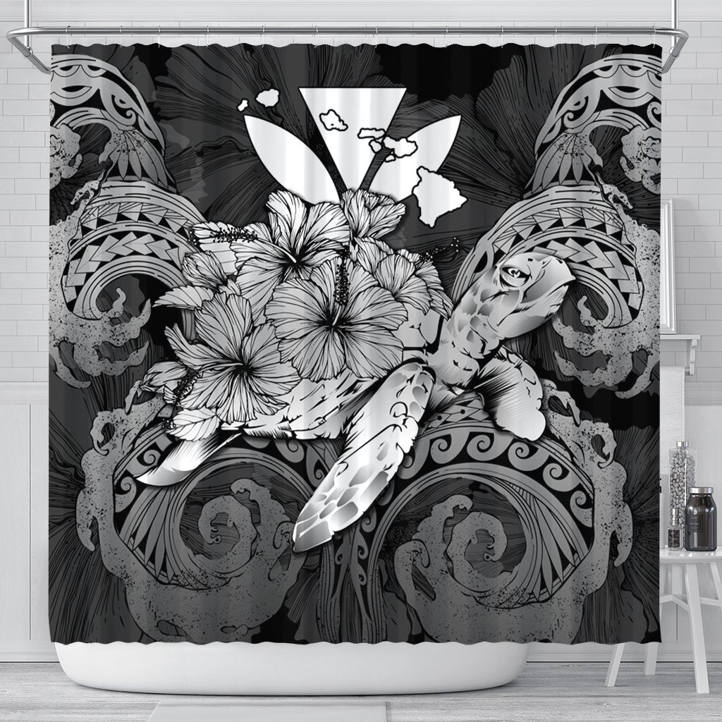 Hawaii Turtle Wave Polynesian Shower Curtain - Hey Style White - AH 177 x 172 (cm) Black - Polynesian Pride