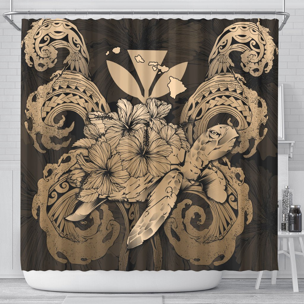 Hawaii Turtle Wave Polynesian Shower Curtain - Hey Style Gold 177 x 172 (cm) Gold - Polynesian Pride