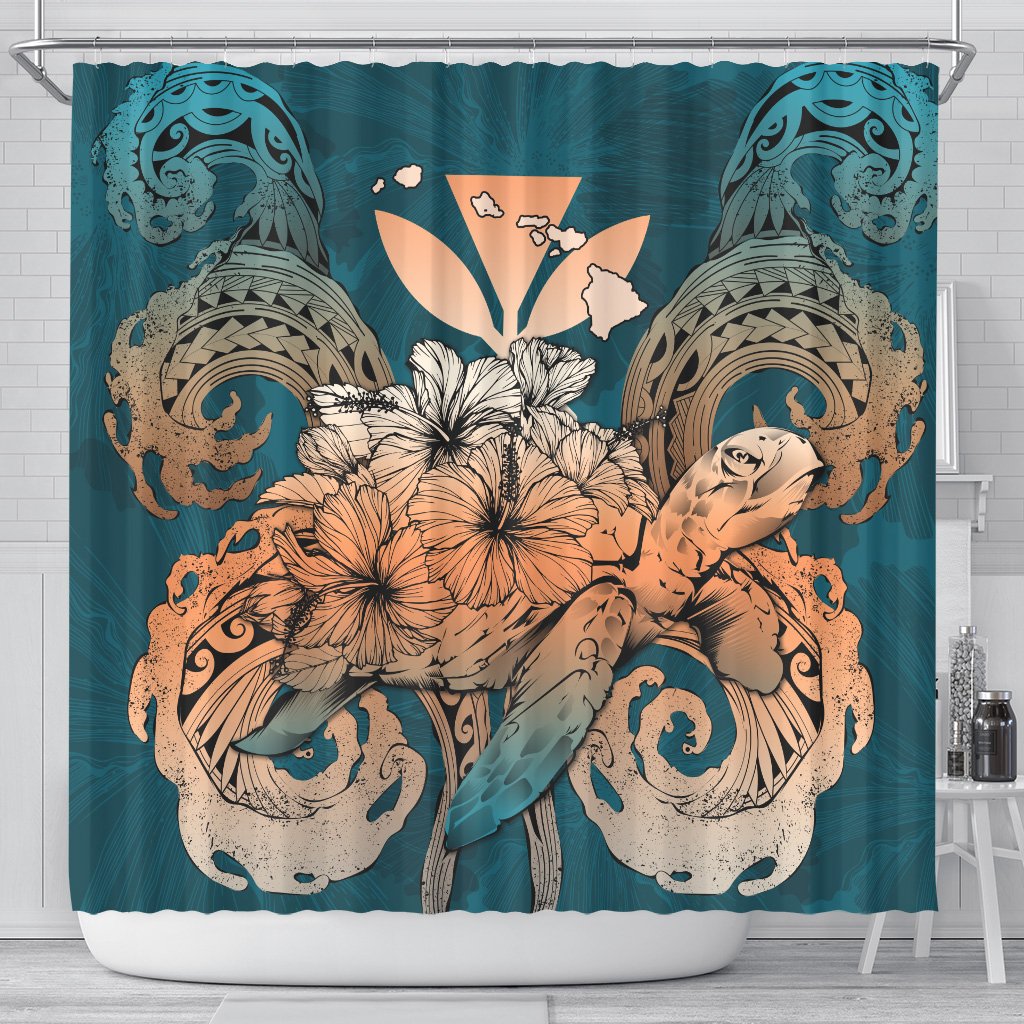 Hawaii Turtle Wave Polynesian Shower Curtain - Hey Style Orange 177 x 172 (cm) Orange - Polynesian Pride