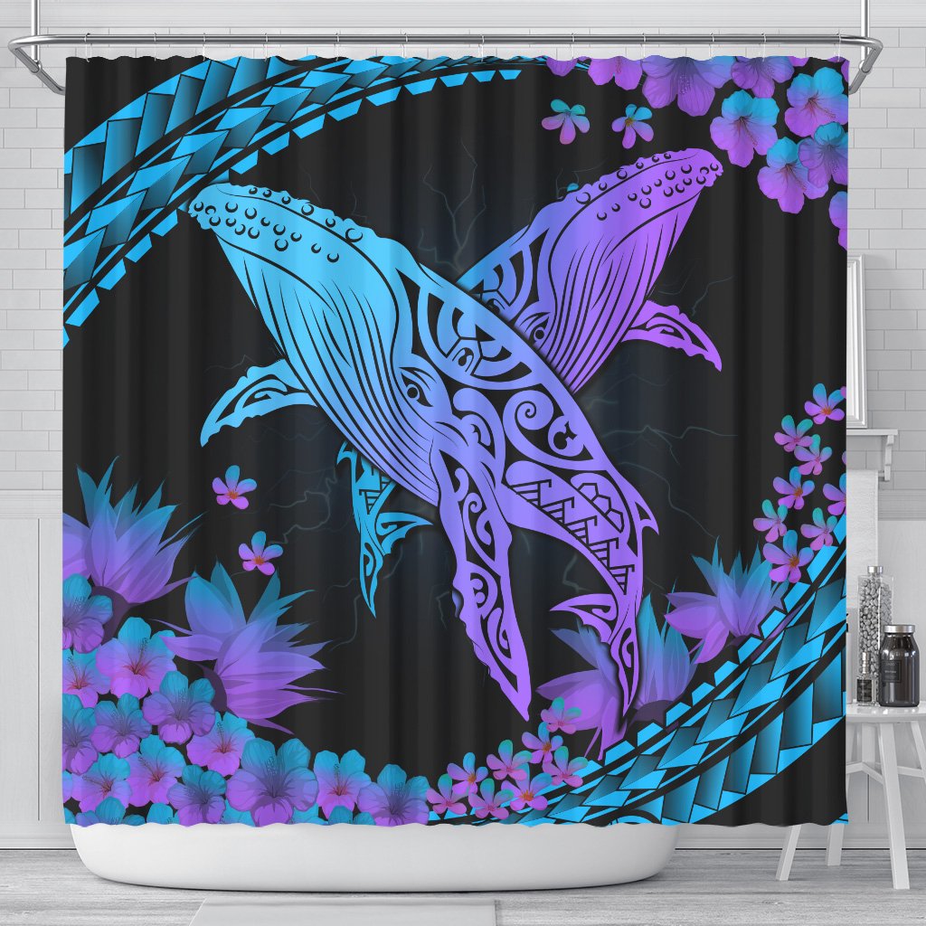 Hawaii Whale Polynesian Hibiscus Shower Curtain - Lae Style 177 x 172 (cm) Black - Polynesian Pride